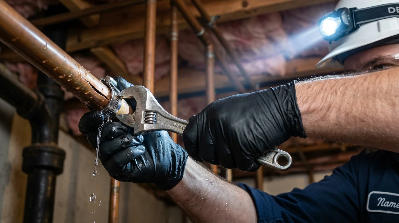 Emergency pipe clamp repair being performed by a Johns Plumbing LLC plumber in Baxter