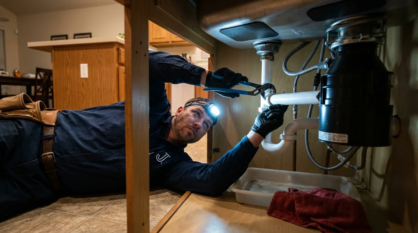 P-trap and supply line connections under a kitchen sink showing a common leak point in Baxter, MN